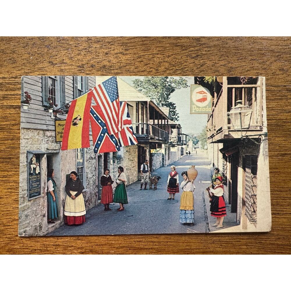 Vintage St Augustine FL St George Street Flags Posted 1974 Chrome Postcard
